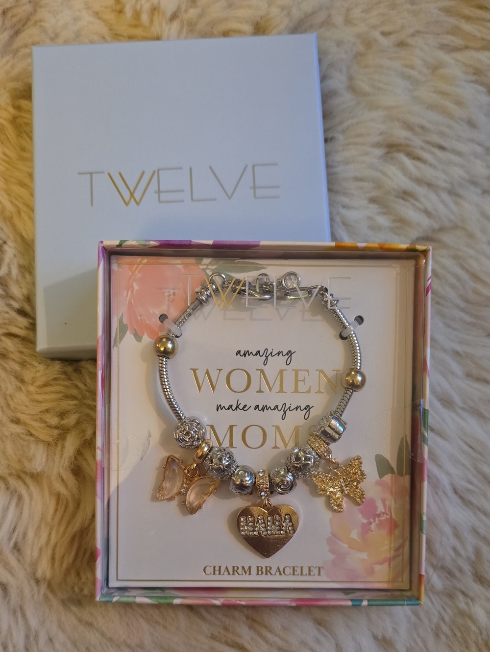 Twelve Gold & Silver Charm Bracelet - 'MAMA' Heart Charm